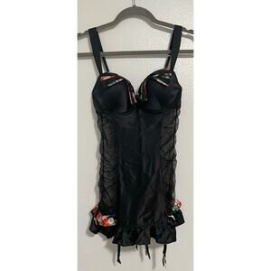Victoria's Secret Teddy Bodysuit Black Ruffled Sheer Multicolored Bows 34C